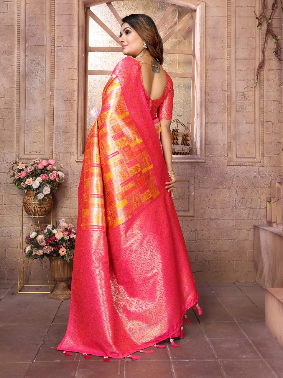 Anaita Orange Banarasi Chaturi Silk With Zari Weaving Saree With Blouse