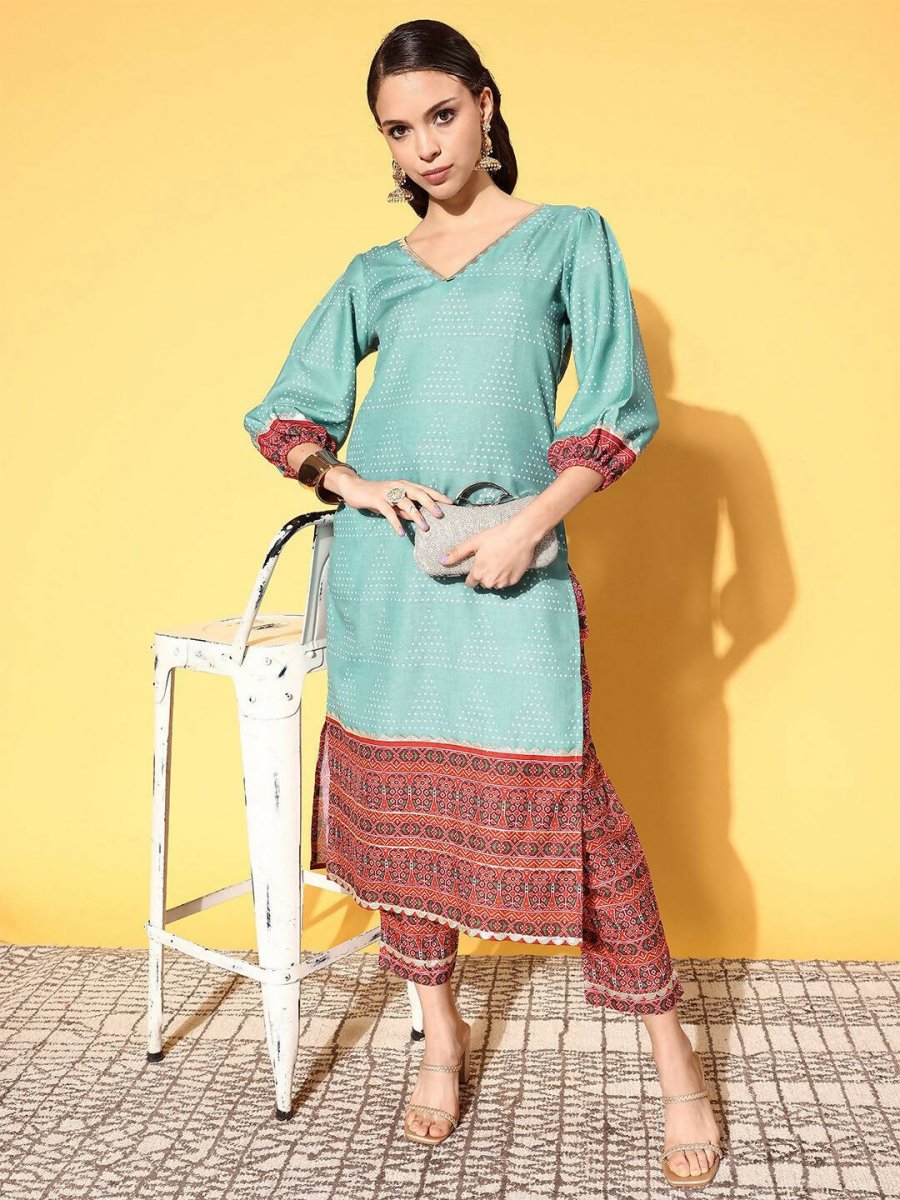 Ahalyaa Women's Teal Cotton Blend Digital Printed Kurta Pant Set | Swadesiicart