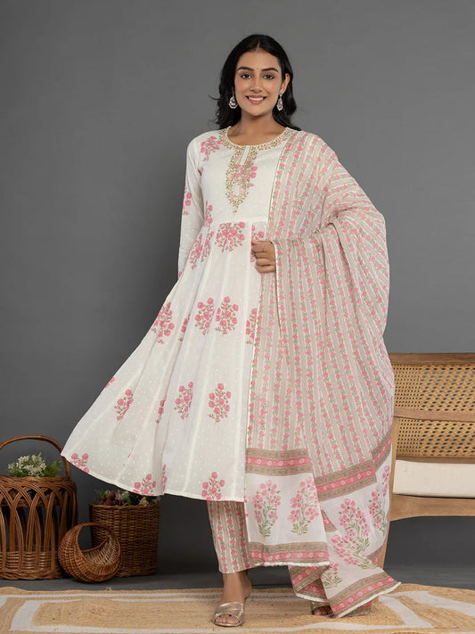 Yufta Pink & White Gota_Patti Cotton Anarkali Kurta Dupatta Pant Set - Swadesiicart