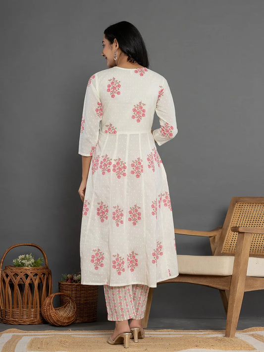 Yufta Pink & White Gota_Patti Cotton Anarkali Kurta Dupatta Pant Set - Swadesiicart