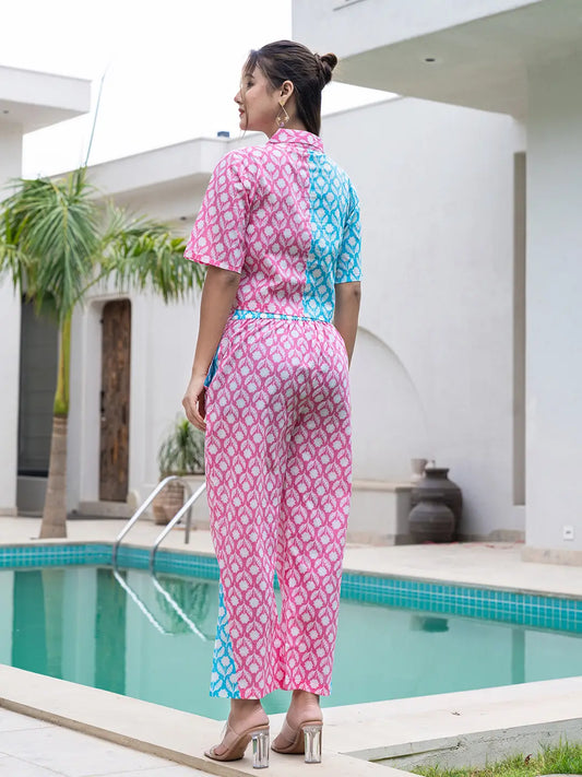 Yufta Pink And Blue Crop Top And Trouser Co Ord Set - Swadesiicart