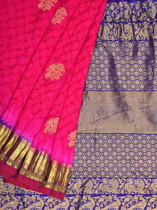 Pink and Dark Blue Bandhani Kanchipuram Silk Handloom Saree with Body Buta Design - Global Threads | Swadesiicart
