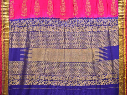 Pink and Dark Blue Bandhani Kanchipuram Silk Handloom Saree with Body Buta Design - Global Threads | Swadesiicart