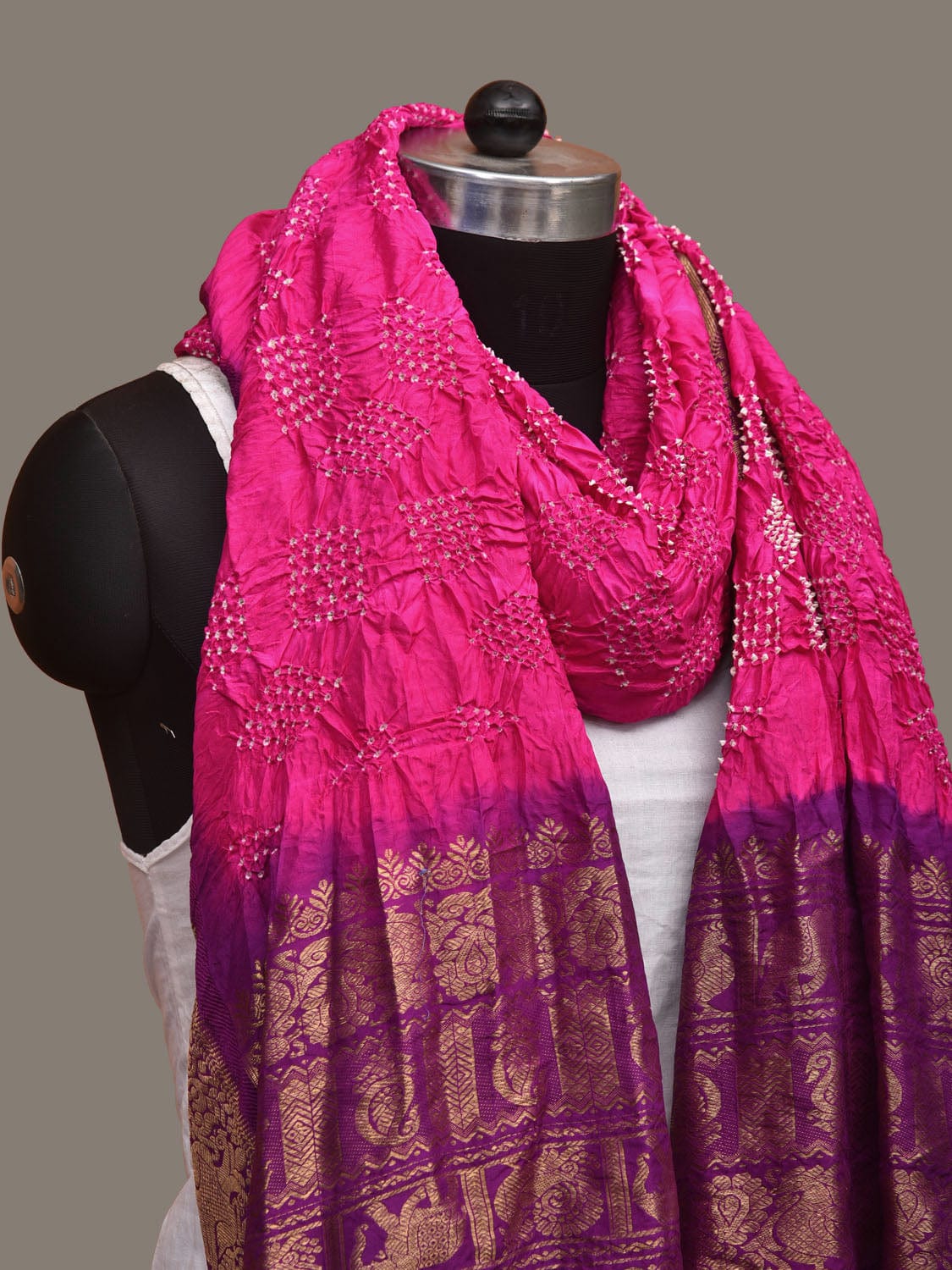 Pink and Purple Bandhani Kanchipuram Silk Handloom Dupatta with Border Design - Global Threads | Swadesiicart