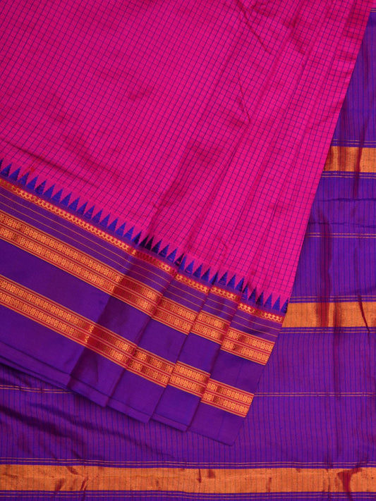 Pink and Purple Narayanpet Silk Handloom Plain Saree with Traditional Border Design No Blouse - Global Threads | Swadesiicart