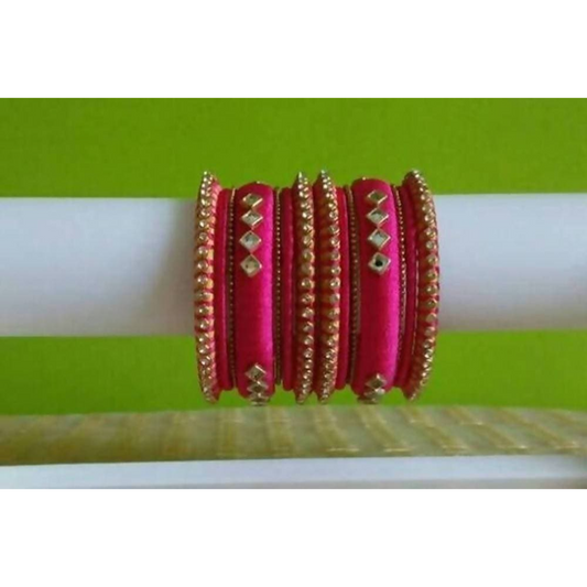 Pink Color with Diamond Shape Stone Silk Threaded Bangles Set of 2 - Madhu Collections