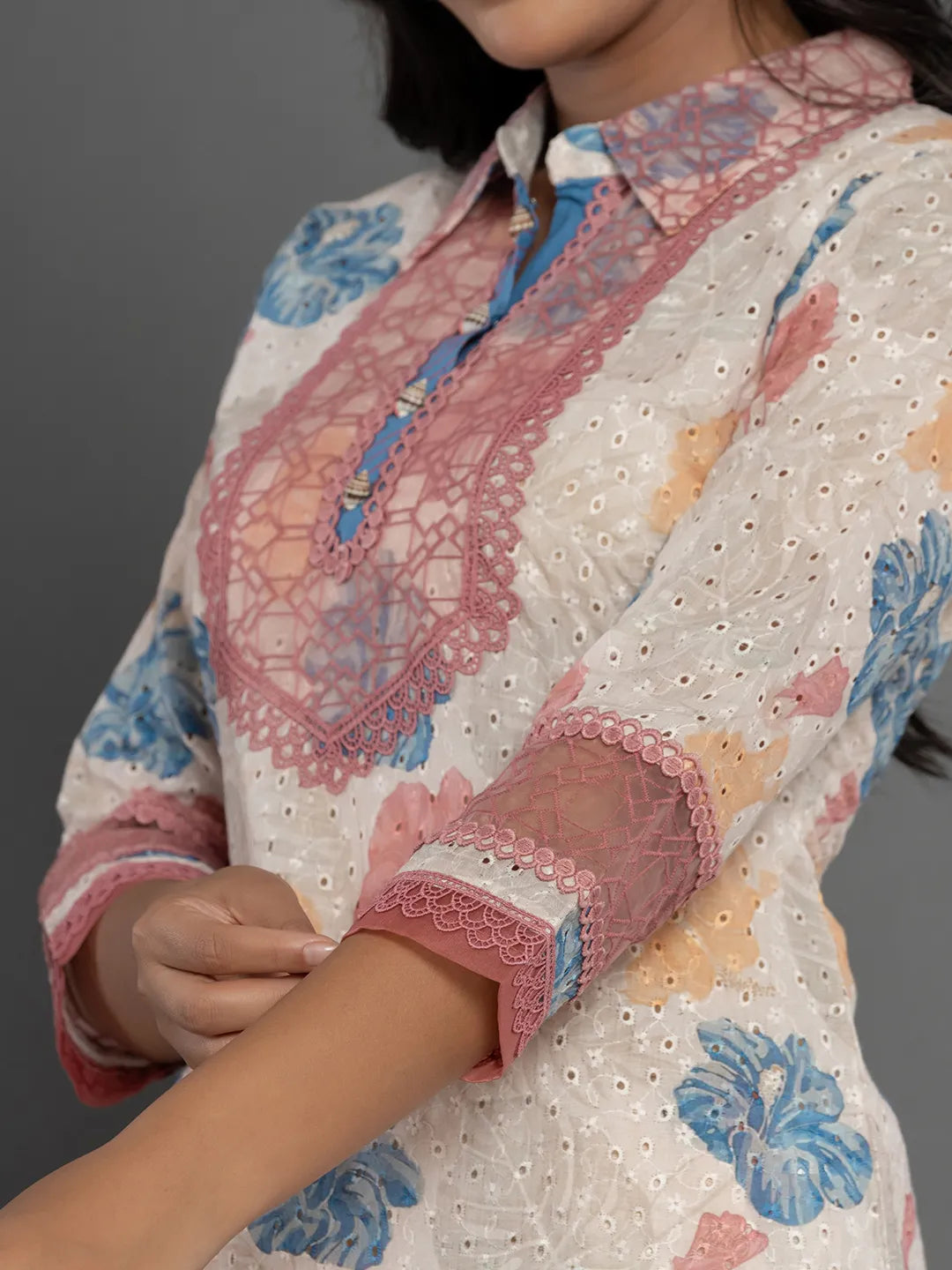 Yufta Pink Cotton Schiffli Co-Ord Set With Lace Detailing - Swadesiicart