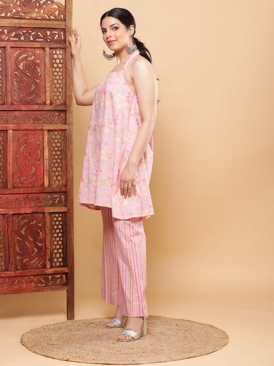 BohoJazz Pink Vacay Halter Top with Comfort Pants Co-ord Set - Swadesiicart