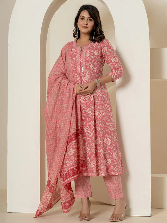 Yufta Pink Mirror_Work Cotton Anarkali Kurta Duppta Set - Swadesiicart