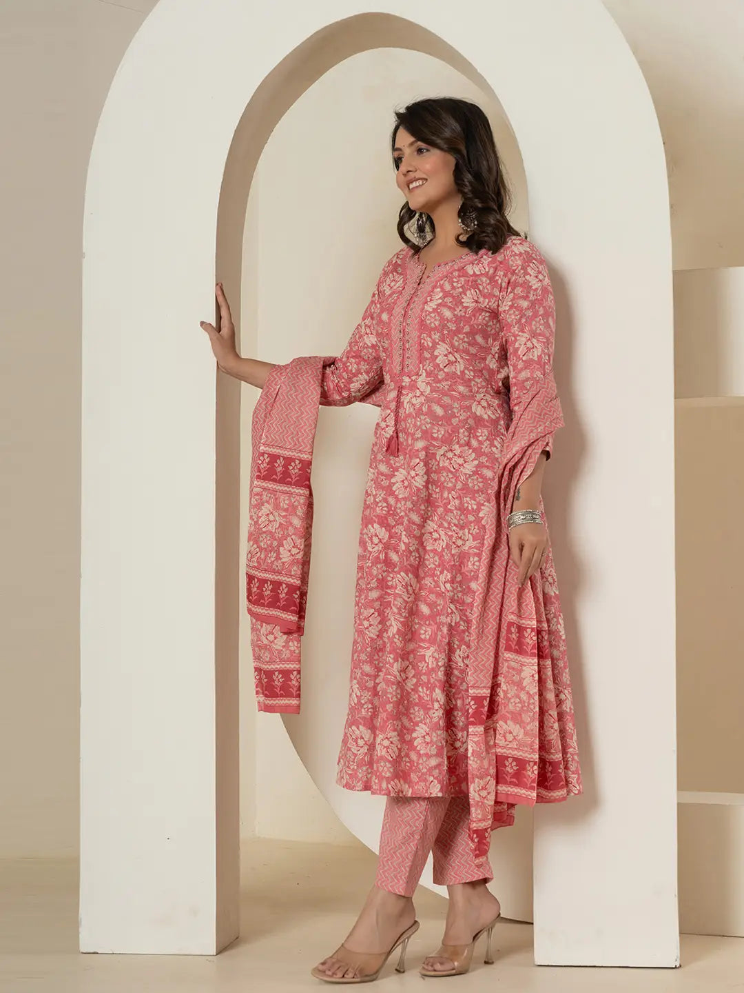 Yufta Pink Mirror_Work Cotton Anarkali Kurta Duppta Set - Swadesiicart