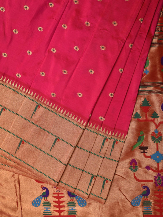 Pink Paithani Silk Handloom Saree with Triple Muniya Border Design - Global Threads | Swadesiicart