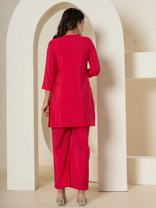 Yufta Pink Thread_Work Shirt And Palazzo Silk Blend Co-Ord Set - Swadesiicart
