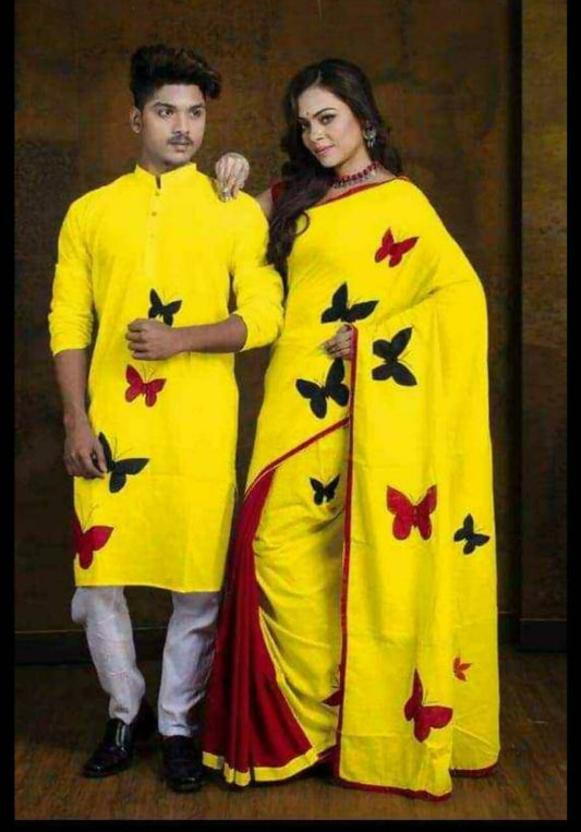 Exclusive Collection Saree With Blouse Piece For Women And Men's Kurta - Yellow | Swadesiicart