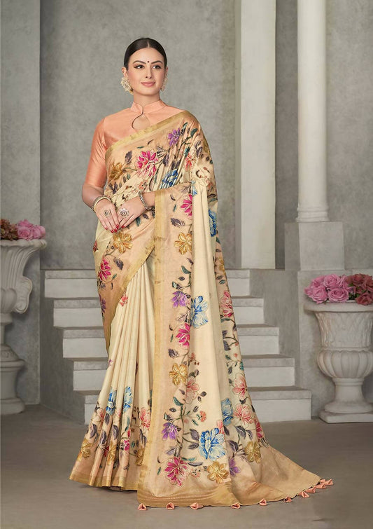 Beige Rangkat Tussar Silk Woven Design Saree with Unstitched Blouse - Mohmanthan Eshani | Swadesiicart