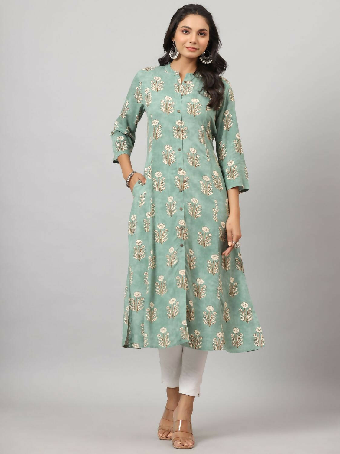 Juniper Women's Green Printed A-Line Kurta | Swadesiicart