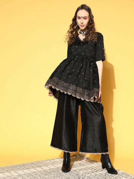 Ahalyaa Women Black Colour Poly Silk Copper Printed Top Palazzo Set | Swadesiicart