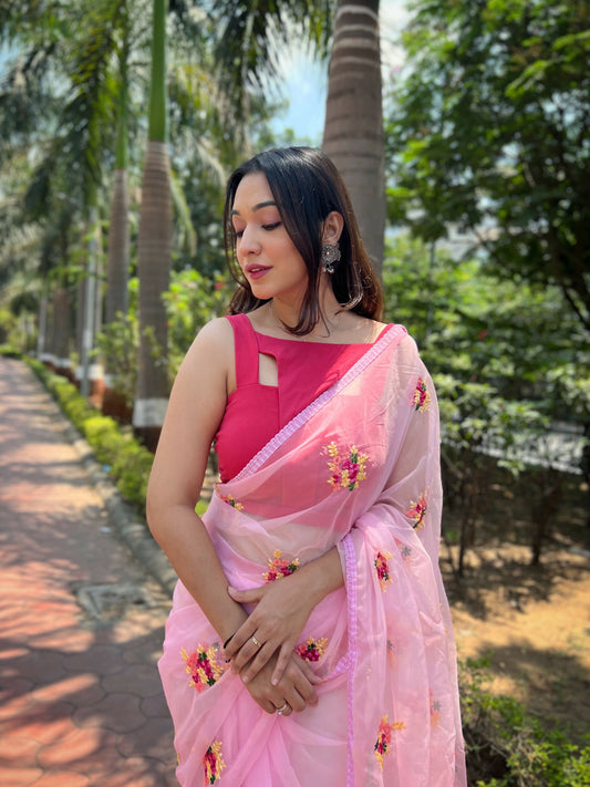 Vamsee Red-Garden Pink Organza Saree - Swadesiicart