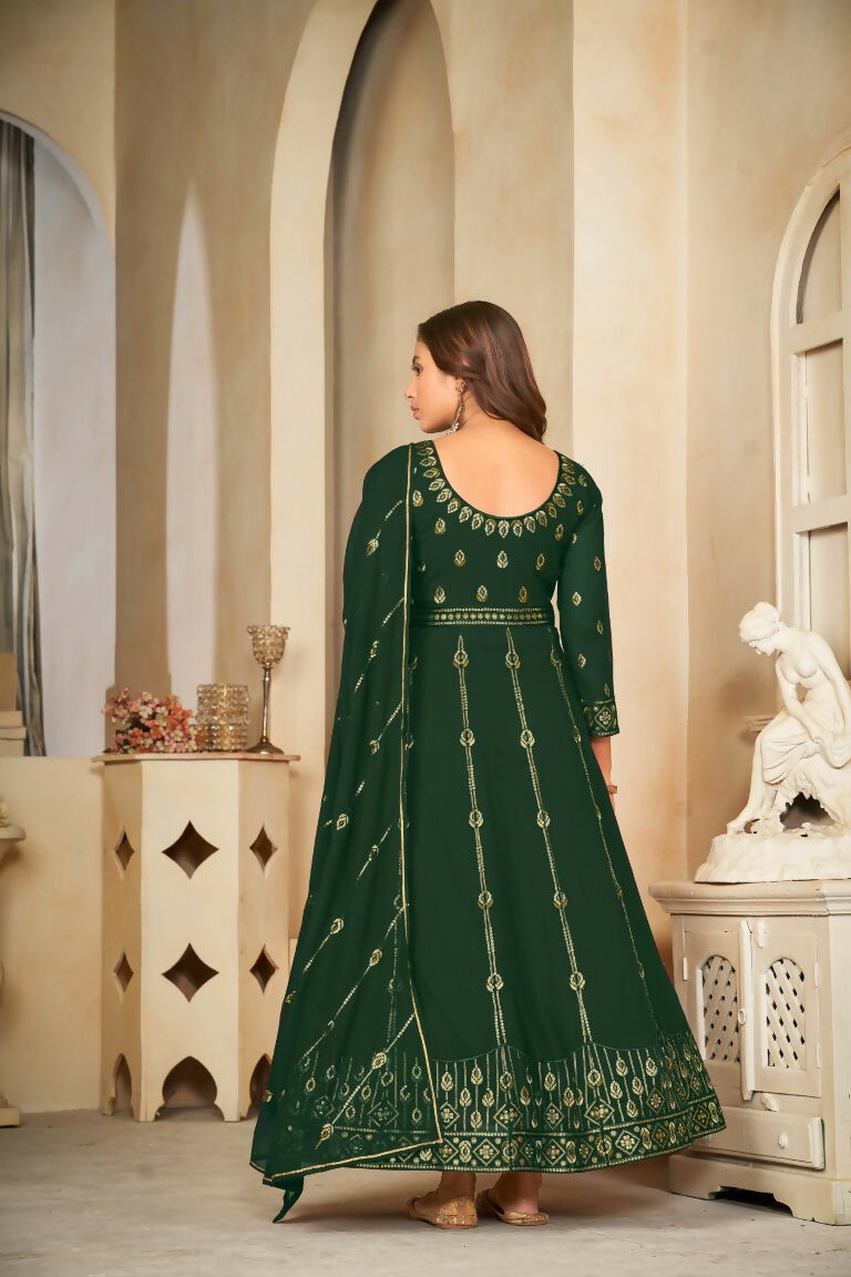 Jyoti Fashion Women's Bottle Green Georgette Embroidered Anarkali Kurta Pant Set With Dupatta | Swadesiicart