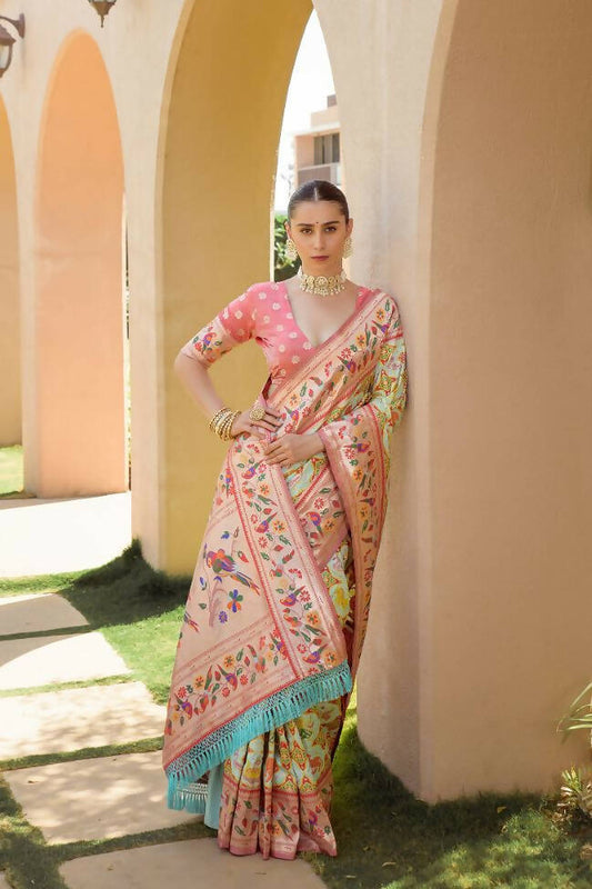 Vishnu Weaves Women's Off White Paithani Silk Zari Woven Saree with Unstitched Blouse - Swadesiicart