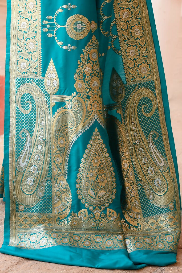 Joban Fashion Teal Green Banarasi Soft Pure Handloom Banarasi Silk Saree | Swadesiicart