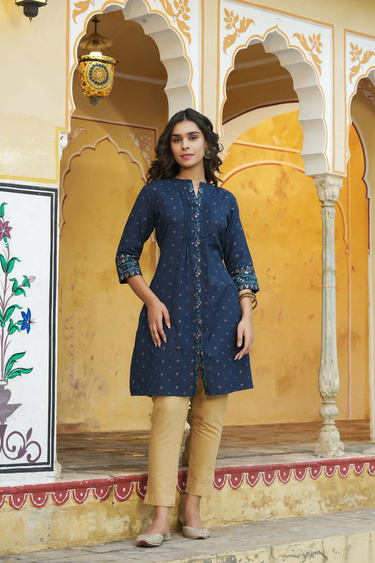 Juniper Women's Blue Cotton Flex Printed A-Line Kurta | Swadesiicart