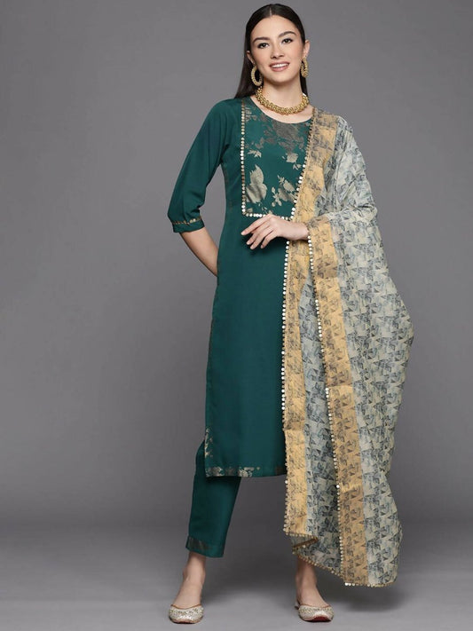 Ahalyaa Womens Dark Green Crepe Smoke Printed Kurta Pant Set With Dupatta | Swadesiicart