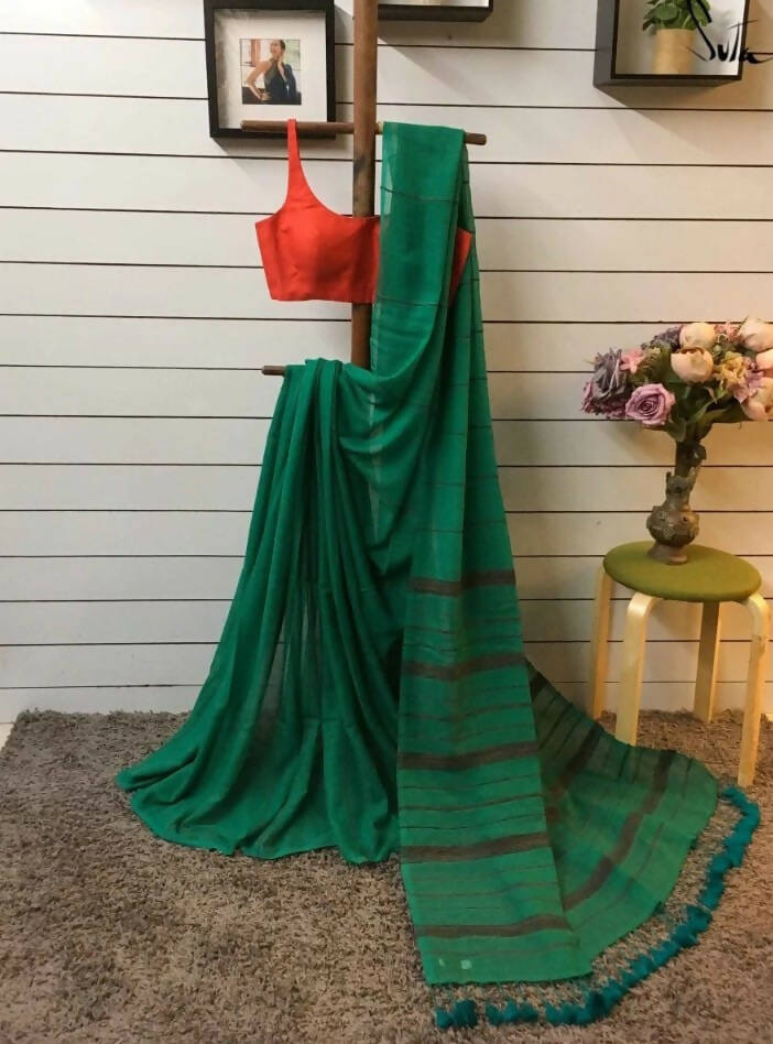 Exclusive Collection Khadi Cotton Handloom Khesh Saree With Blouse Piece - Green - Swadesiicart