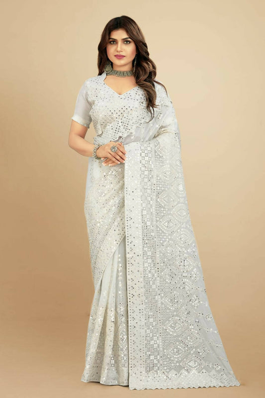Vamsee White Georgette Designer Saree - Swadesiicart