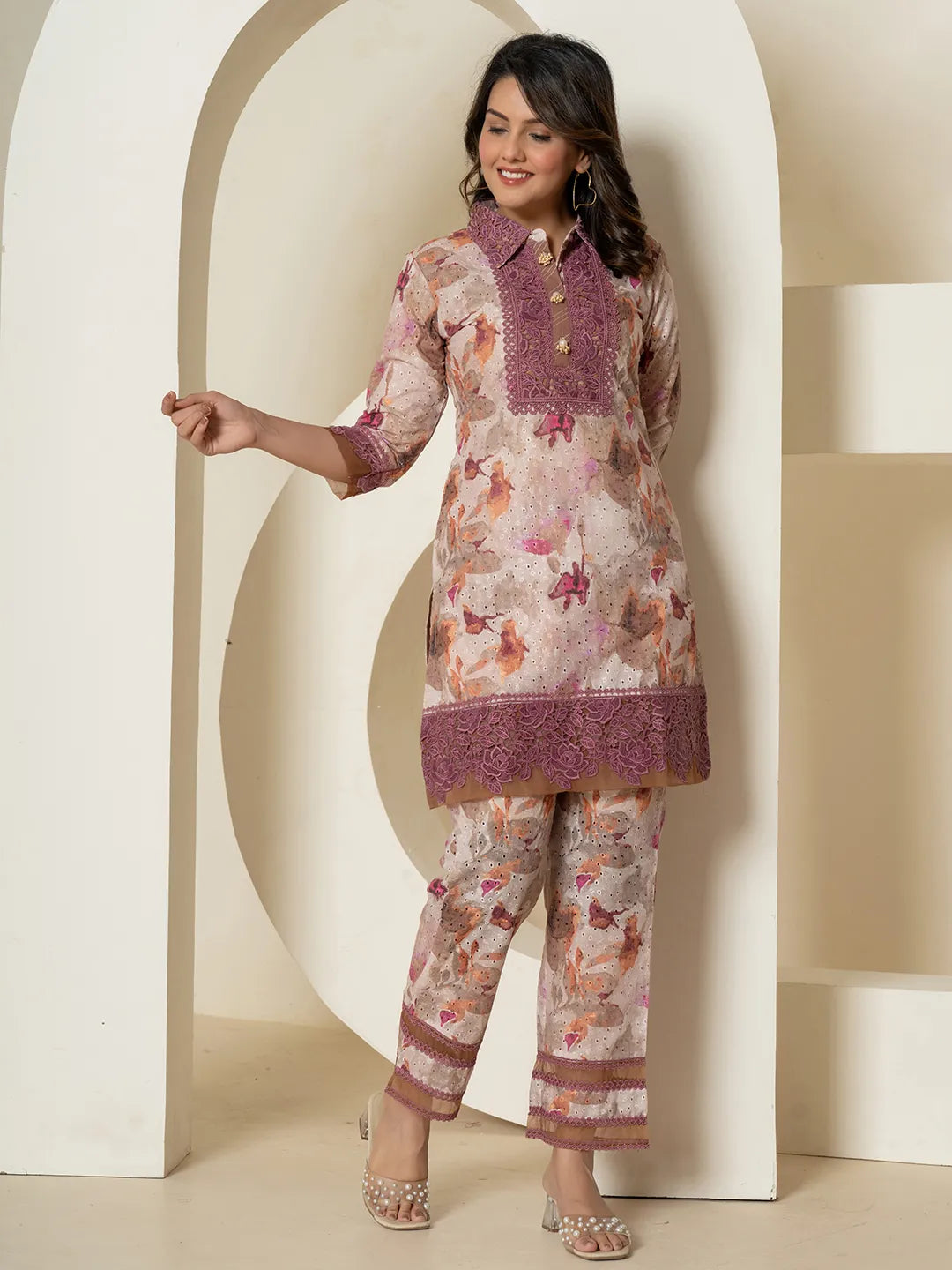 Yufta Purple Cotton Schiffli Co-Ord Set With Lace Detailing - Swadesiicart