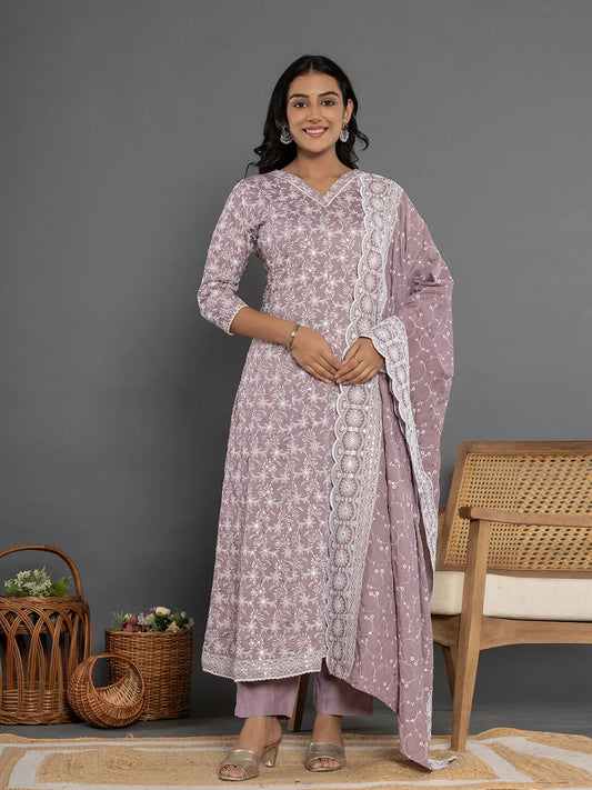 Yufta Purple Cotton Silk Embroidered Anarkali Kurta Dupatta Set - Swadesiicart