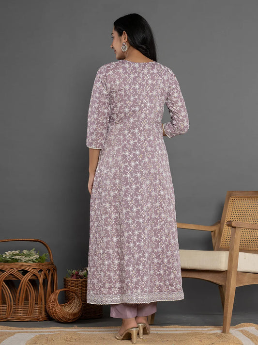 Yufta Purple Cotton Silk Embroidered Anarkali Kurta Dupatta Set - Swadesiicart