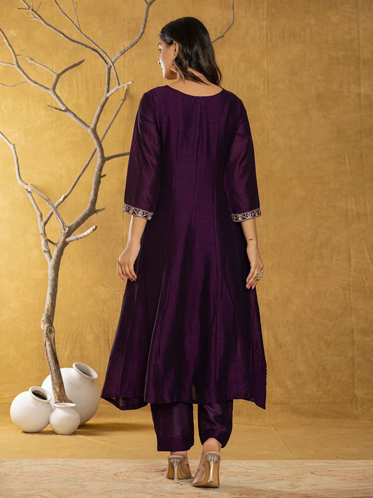 Yufta Purple Embroidered Anarkali Kurta Dupatta Set - Swadesiicart