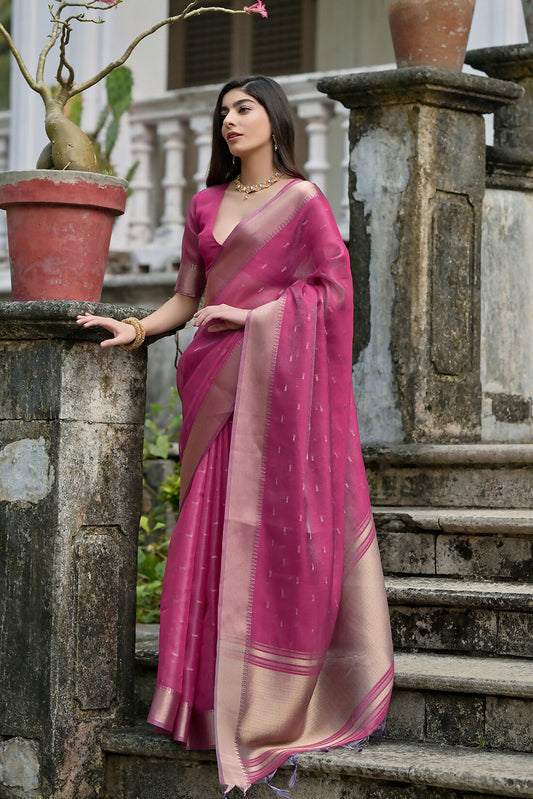 Vishnu Weaves Women's Pink Soft Tissue Silk Zari Woven Saree with Blouse - Swadesiicart