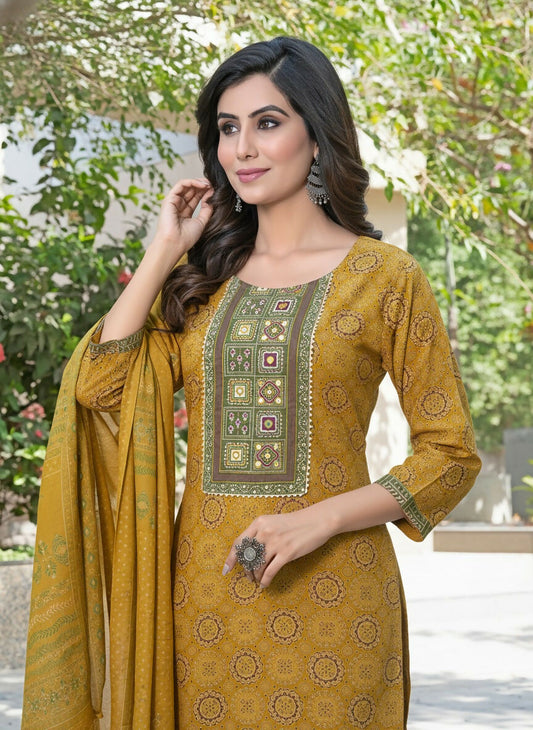 BulBul Aaliya Bright Mustard Cotton Kurta Set with Dupatta - Swadesiicart