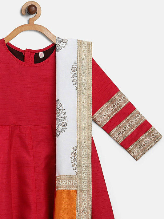 Ahalyaa Red Poly Silk Anarkali Kids Kurta With Dupatta Set For Girls | Swadesiicart