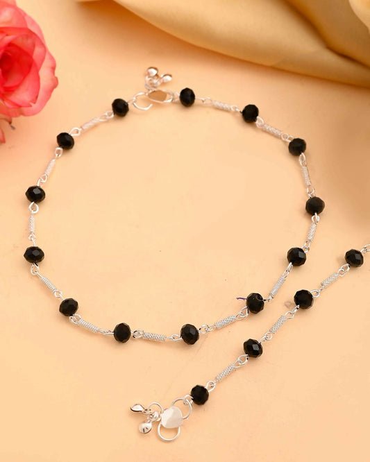 VOJ Set of 2 Silver Plated With Black Beads Anklet - Swadesiicart
