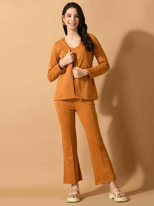 Myshka Women's Mustard Solid Coat With Trousers - Swadesiicart