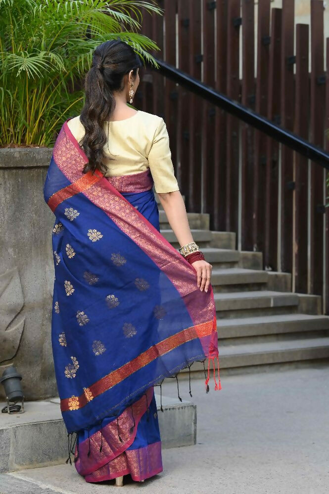 Beatitude Blue Cotton Banarasi Saree | Swadesiicart