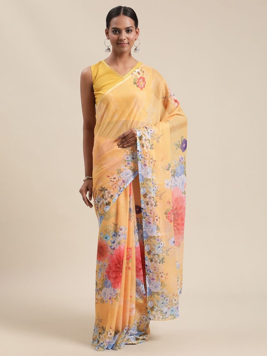 Ahalyaa Women's Mustard Colour Chiffon Digital Print Floral Saree | Swadesiicart
