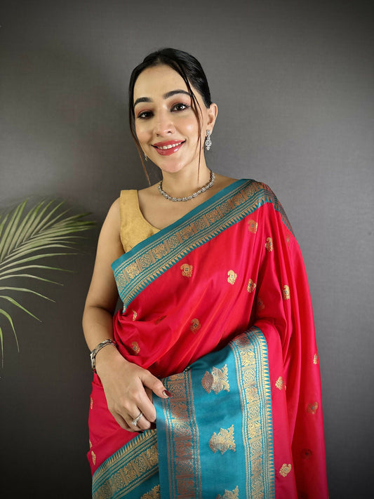 Joban Fashion Hot Pink Banarasi Soft Silk Woven Butti Saree | Swadesiicart