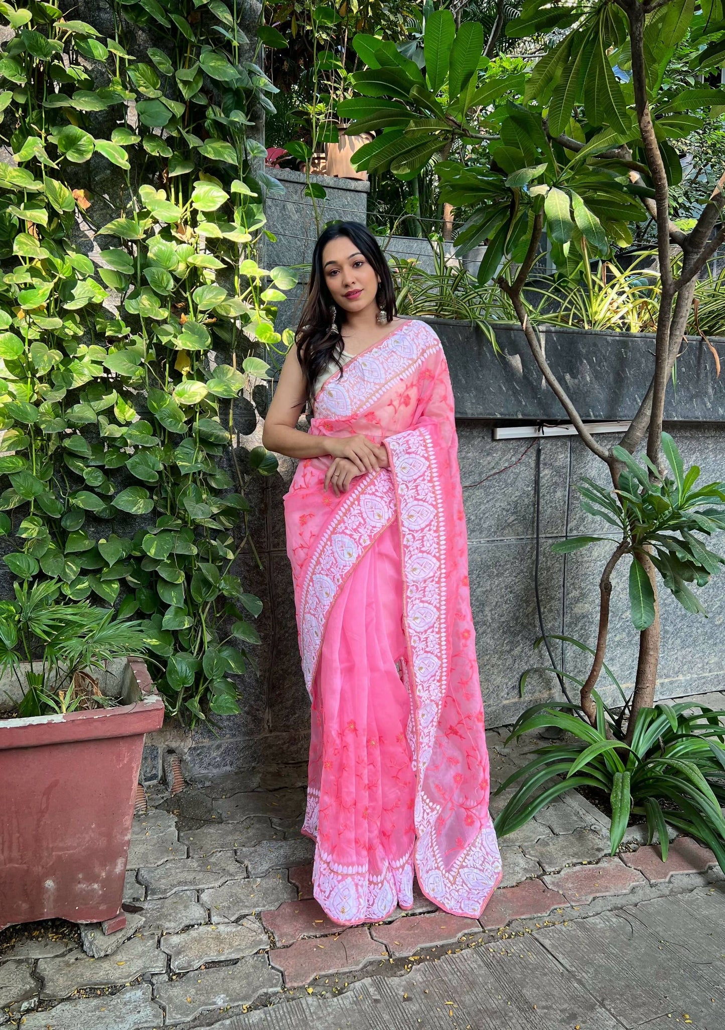 Vamsee Palak Saavi Pink Organza Saree - Swadesiicart