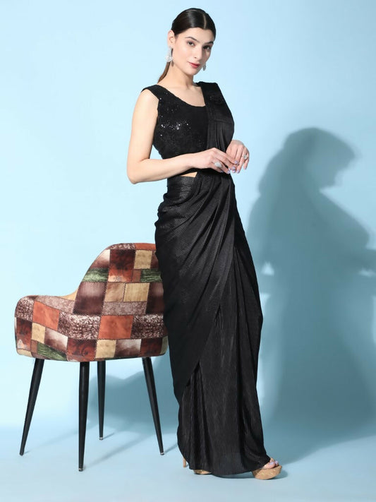Black Imported Crush Lycra Texture Pattern Ready to Wear Saree with stitched Blouse - Nirvana | Swadesiicart