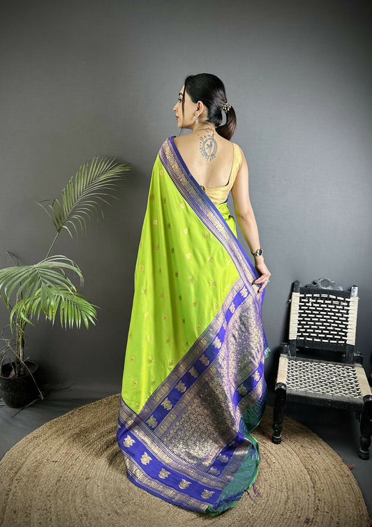 Joban Fashion Parrot Green Banarasi Soft Silk Woven Butti Saree | Swadesiicart