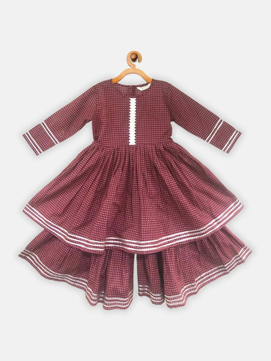 Ahalyaa Maroon Pure Cotton Digital Printed Kids Kurta Sharara Set For Girls | Swadesiicart