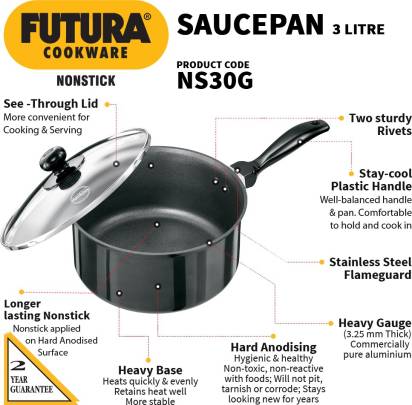 Hawkins Futura Non-stick Sauce Pan 20 cm Diameter with Lid 3 L (NS30G) - Swadesiicart