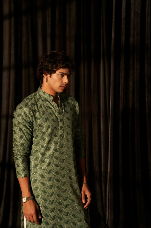 Green viscose Chikankari Embroidery Work Men's Traditional Kurta Set - Mahotsav | Swadesiicart