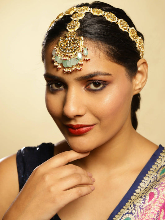 Gold-Polished White Blue Kundan-Studded Pearl Beaded Matha Patti - Ruby Raang | Swadesiicart