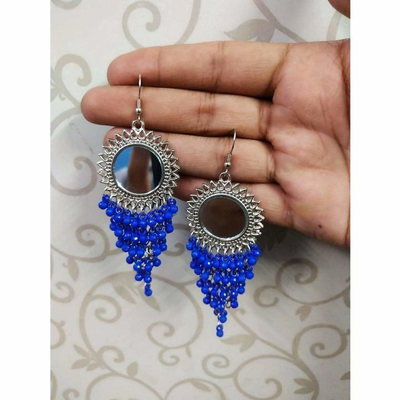 MS Fashion India Round Mirror Silver Color Design Hanging Blue Pearls Earrings | Swadesiicart