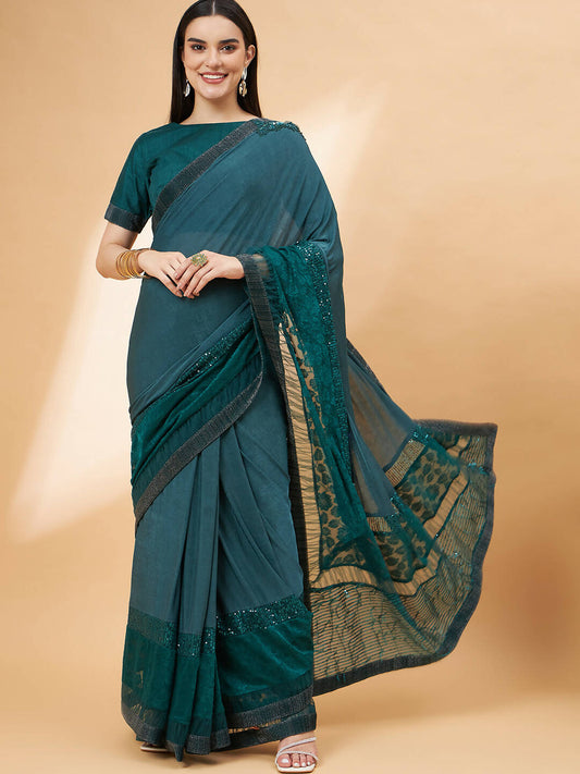 Green Lycra Flock Work, Seuqins Embroidery, Handwork Shoulder Butta Saree - Norita Hit Design - Swadesiicart