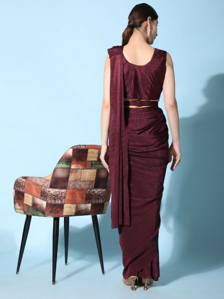 Maroon Imported Crush Lycra Texture Pattern Ready to Wear Saree with stitched Blouse - Nirvana | Swadesiicart